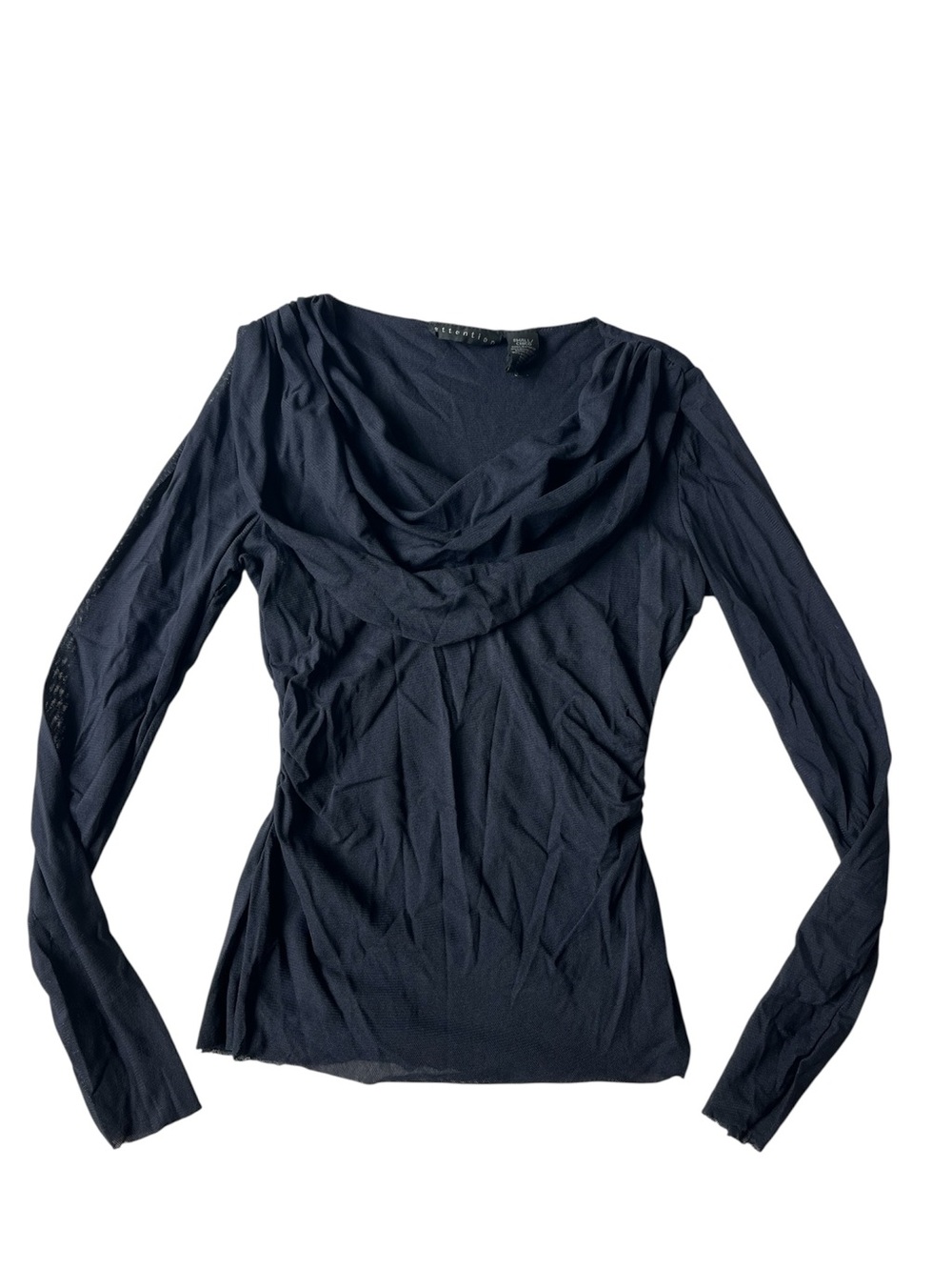 Y2K ATTENTION NAVY RUCHED SCOOP NECK MESH LONG SLEEVE SHIRT WOMENS SMALL